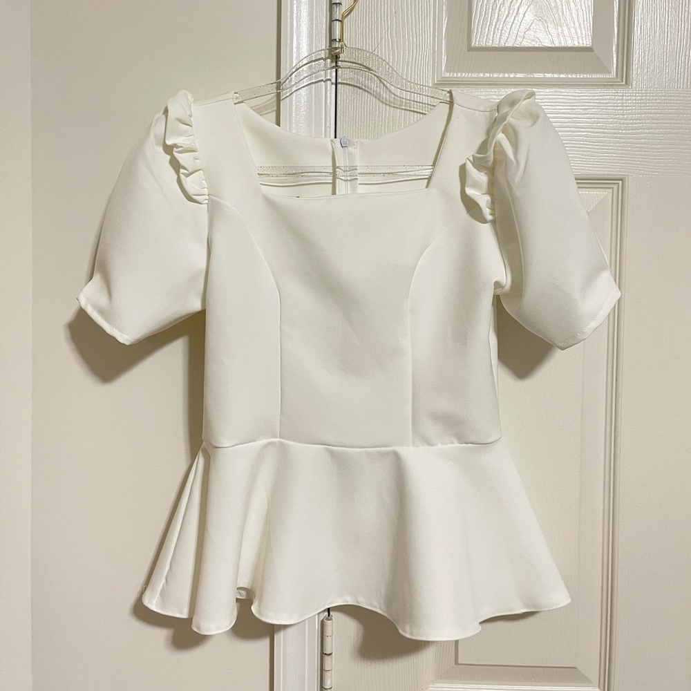 Casual Square Neck Puff Short Sleeve Ruffle Peplum Blouse Shirt Top (new)